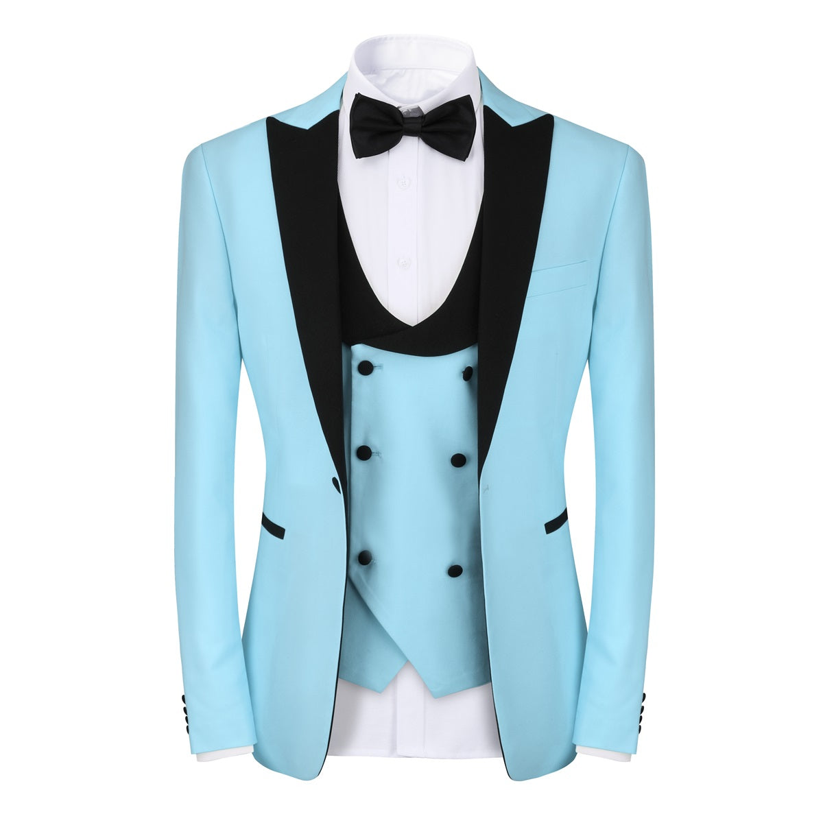 Light Blue # Men's 3-piece one-button slim fit tuxedo suit with peaked lapel and button closure, light blue formal blazer jacket with matching vest and flat-front trousers with extended waist strap, elegant polyester viscose blend wedding suit for prom, business and formal occasions, isolated on white background.