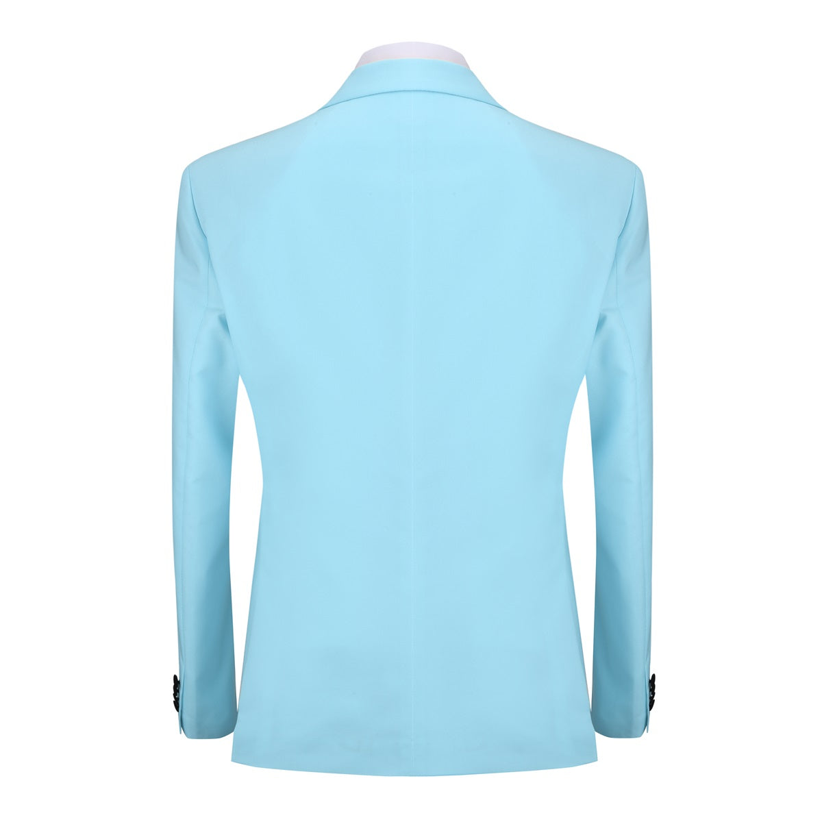 Light Blue # Men's 3-piece one-button slim fit tuxedo suit with peaked lapel and button closure, light blue formal blazer jacket with matching vest and flat-front trousers with extended waist strap, elegant polyester viscose blend wedding suit for prom, business and formal occasions, isolated on white background.