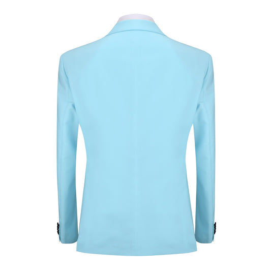 Light Blue # Men's 3-piece one-button slim fit tuxedo suit with peaked lapel and button closure, light blue formal blazer jacket with matching vest and flat-front trousers with extended waist strap, elegant polyester viscose blend wedding suit for prom, business and formal occasions, isolated on white background.