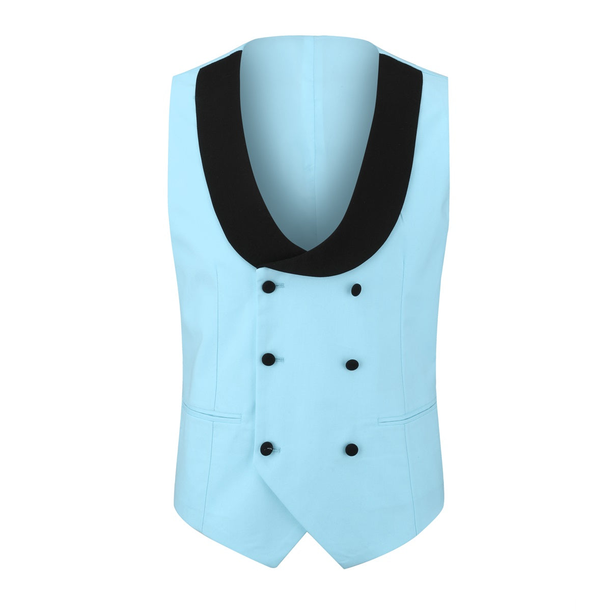 Light Blue # Men's 3-piece one-button slim fit tuxedo suit with peaked lapel and button closure, light blue formal blazer jacket with matching vest and flat-front trousers with extended waist strap, elegant polyester viscose blend wedding suit for prom, business and formal occasions, isolated on white background.