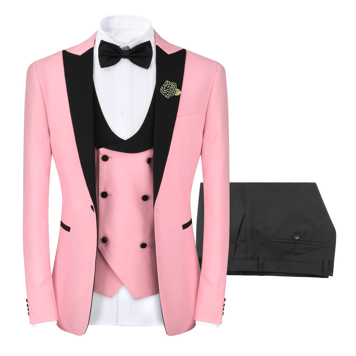 Pink # Men's slim fit 3-piece tuxedo suit with one-button peaked lapel and single-breasted closure, pink formal blazer jacket with matching vest and flat-front trousers with extended waist strap, elegant polyester viscose suit for wedding, prom, party and formal occasions, isolated on white background.
