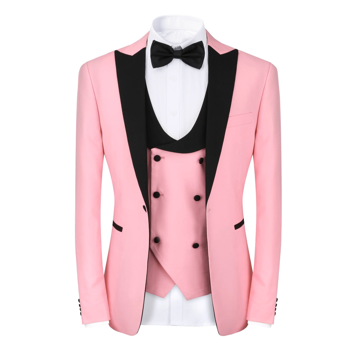 Pink # Men's slim fit 3-piece tuxedo suit with one-button peaked lapel and single-breasted closure, pink formal blazer jacket with matching vest and flat-front trousers with extended waist strap, elegant polyester viscose suit for wedding, prom, party and formal occasions, isolated on white background.