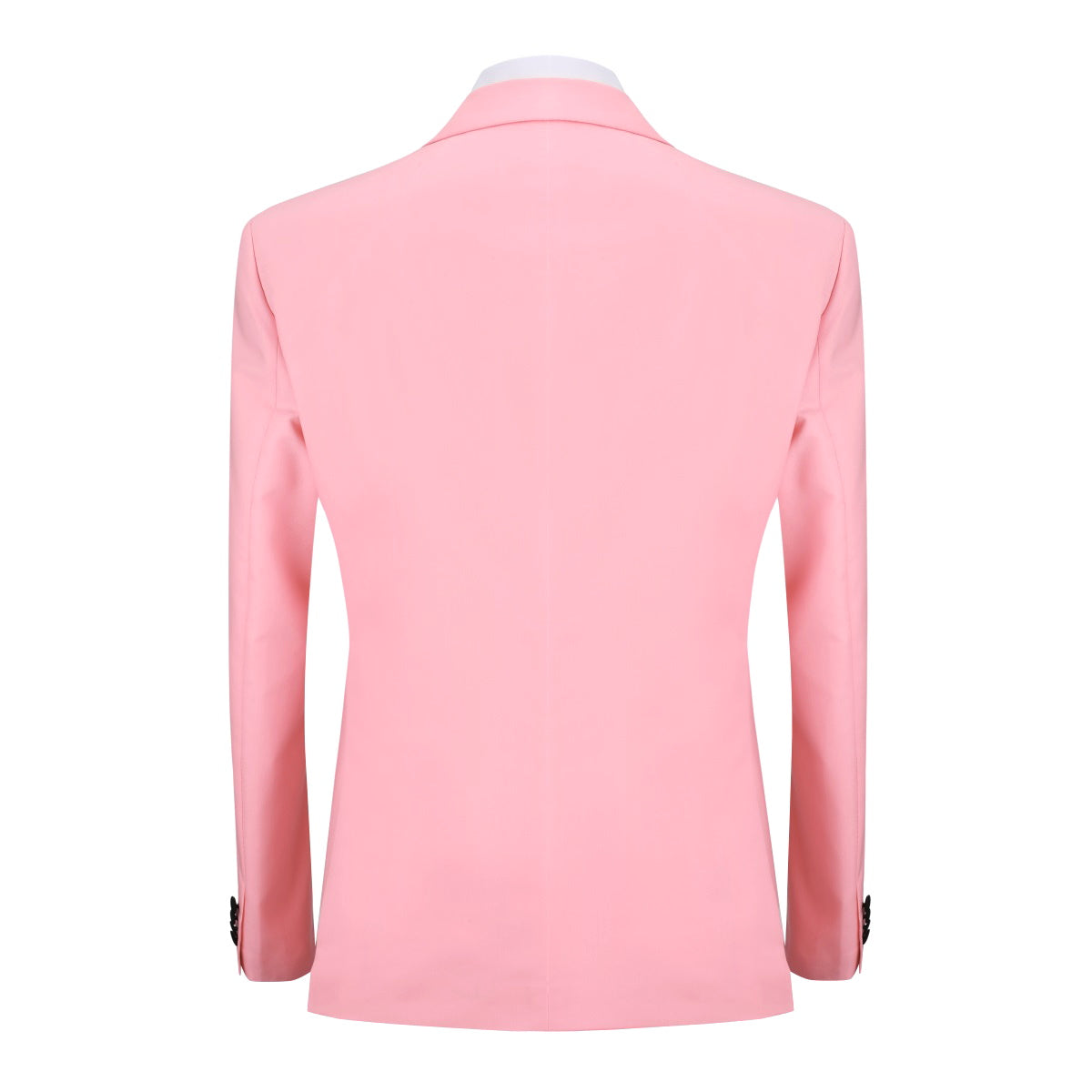 Pink # Men's slim fit 3-piece tuxedo suit with one-button peaked lapel and single-breasted closure, pink formal blazer jacket with matching vest and flat-front trousers with extended waist strap, elegant polyester viscose suit for wedding, prom, party and formal occasions, isolated on white background.