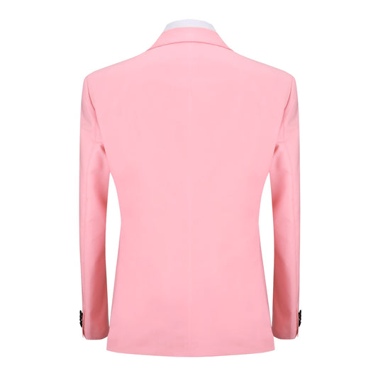 Pink # Men's slim fit 3-piece tuxedo suit with one-button peaked lapel and single-breasted closure, pink formal blazer jacket with matching vest and flat-front trousers with extended waist strap, elegant polyester viscose suit for wedding, prom, party and formal occasions, isolated on white background.