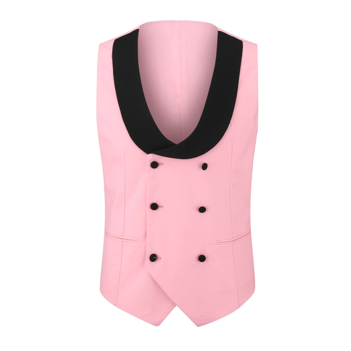 Pink # Men's slim fit 3-piece tuxedo suit with one-button peaked lapel and single-breasted closure, pink formal blazer jacket with matching vest and flat-front trousers with extended waist strap, elegant polyester viscose suit for wedding, prom, party and formal occasions, isolated on white background.