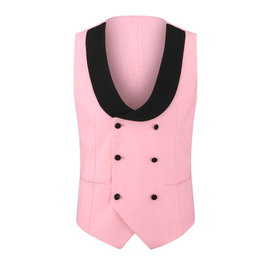 Pink # Men's slim fit 3-piece tuxedo suit with one-button peaked lapel and single-breasted closure, pink formal blazer jacket with matching vest and flat-front trousers with extended waist strap, elegant polyester viscose suit for wedding, prom, party and formal occasions, isolated on white background.