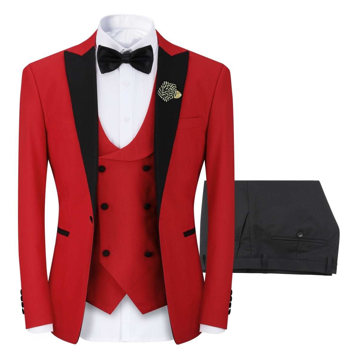 Red # Men's 3-piece one-button slim fit tuxedo suit with peaked lapel and button closure, red formal blazer jacket with matching vest and flat-front trousers with extended waist strap, elegant polyester viscose blend wedding suit for prom, business and formal occasions, isolated on white background.
