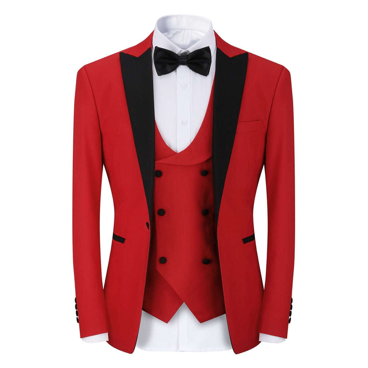 Red # Men's 3-piece one-button slim fit tuxedo suit with peaked lapel and button closure, red formal blazer jacket with matching vest and flat-front trousers with extended waist strap, elegant polyester viscose blend wedding suit for prom, business and formal occasions, isolated on white background.