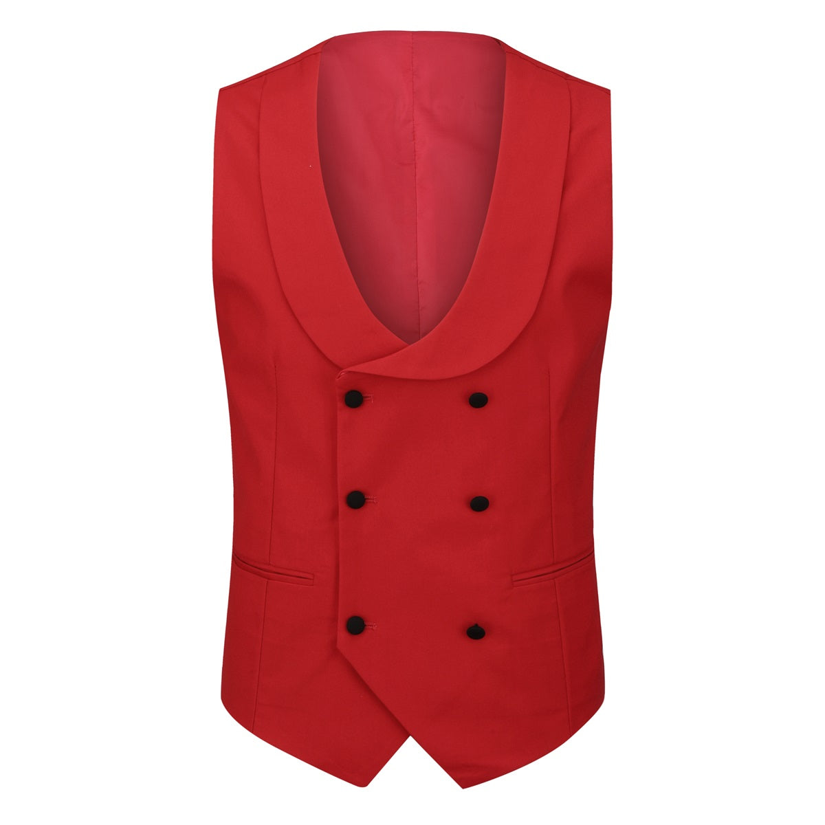 Red # Men's 3-piece one-button slim fit tuxedo suit with peaked lapel and button closure, red formal blazer jacket with matching vest and flat-front trousers with extended waist strap, elegant polyester viscose blend wedding suit for prom, business and formal occasions, isolated on white background.