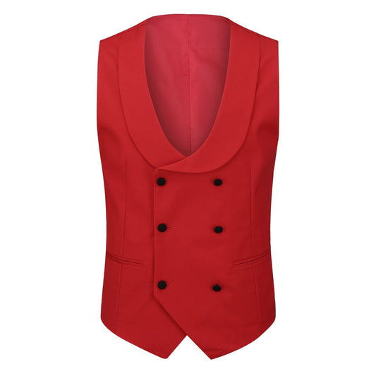 Red # Men's 3-piece one-button slim fit tuxedo suit with peaked lapel and button closure, red formal blazer jacket with matching vest and flat-front trousers with extended waist strap, elegant polyester viscose blend wedding suit for prom, business and formal occasions, isolated on white background.