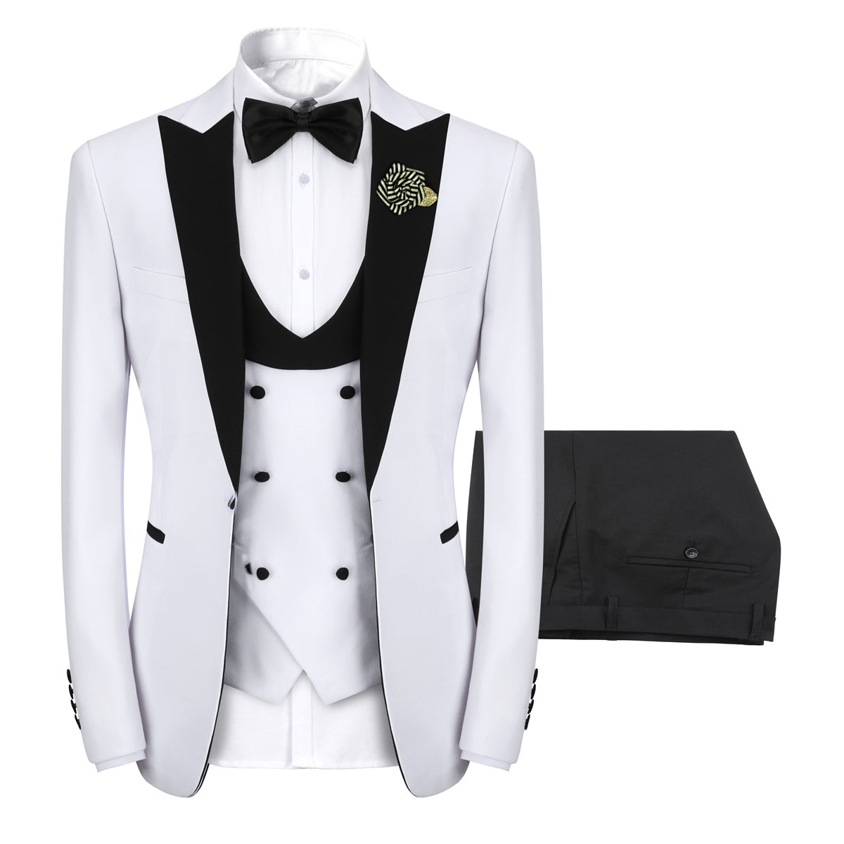 White # Men's 3-piece one-button slim fit tuxedo suit with peaked lapel and button closure, white formal blazer jacket with matching vest and flat-front trousers with extended waist strap, elegant polyester viscose blend wedding suit for prom, business and formal occasions, isolated on white background.