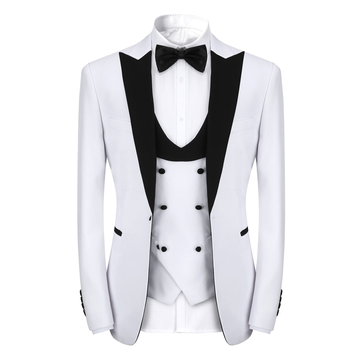 White # Men's 3-piece one-button slim fit tuxedo suit with peaked lapel and button closure, white formal blazer jacket with matching vest and flat-front trousers with extended waist strap, elegant polyester viscose blend wedding suit for prom, business and formal occasions, isolated on white background.