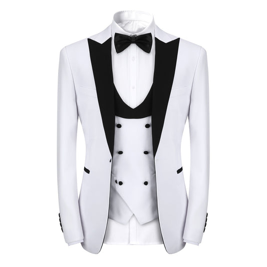 White # Men's 3-piece one-button slim fit tuxedo suit with peaked lapel and button closure, white formal blazer jacket with matching vest and flat-front trousers with extended waist strap, elegant polyester viscose blend wedding suit for prom, business and formal occasions, isolated on white background.