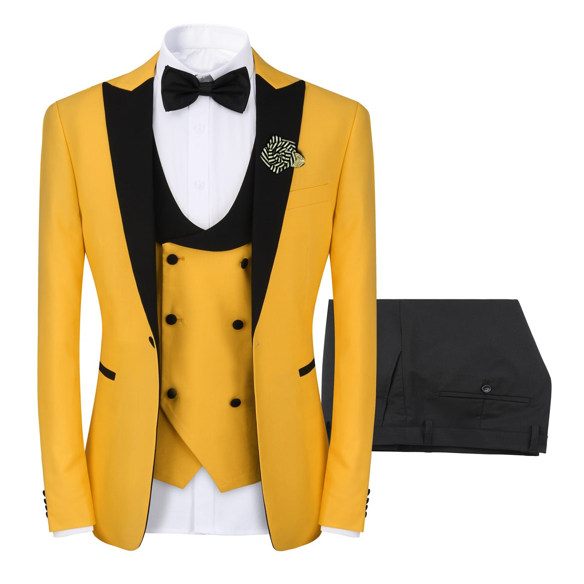 Yellow # Men's 3-piece one-button slim fit tuxedo suit with peaked lapel and button closure, yellow formal blazer jacket with matching vest and flat-front trousers with extended waist strap, elegant polyester viscose blend wedding suit for prom, business and formal occasions, isolated on white background.