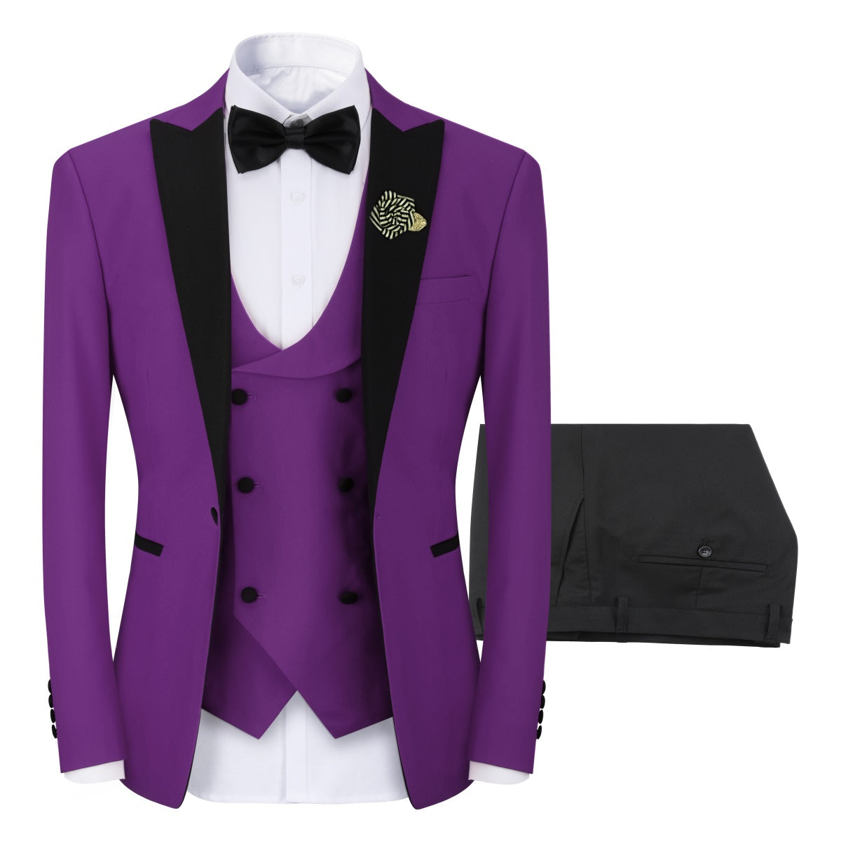 Purple # Men's slim fit 3-piece tuxedo suit with one-button peaked lapel and single-breasted closure, purple formal blazer jacket with matching vest and flat-front trousers with extended waist strap, elegant polyester viscose blend suit for wedding, prom, party and formal occasions, isolated on white background.