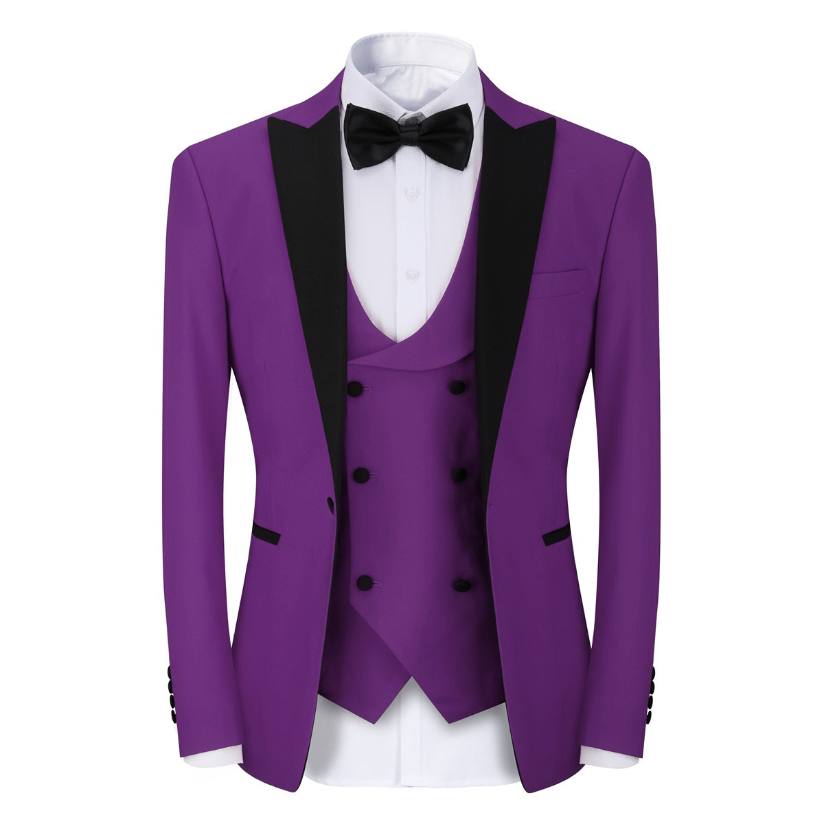 Purple # Men's slim fit 3-piece tuxedo suit with one-button peaked lapel and single-breasted closure, purple formal blazer jacket with matching vest and flat-front trousers with extended waist strap, elegant polyester viscose blend suit for wedding, prom, party and formal occasions, isolated on white background.