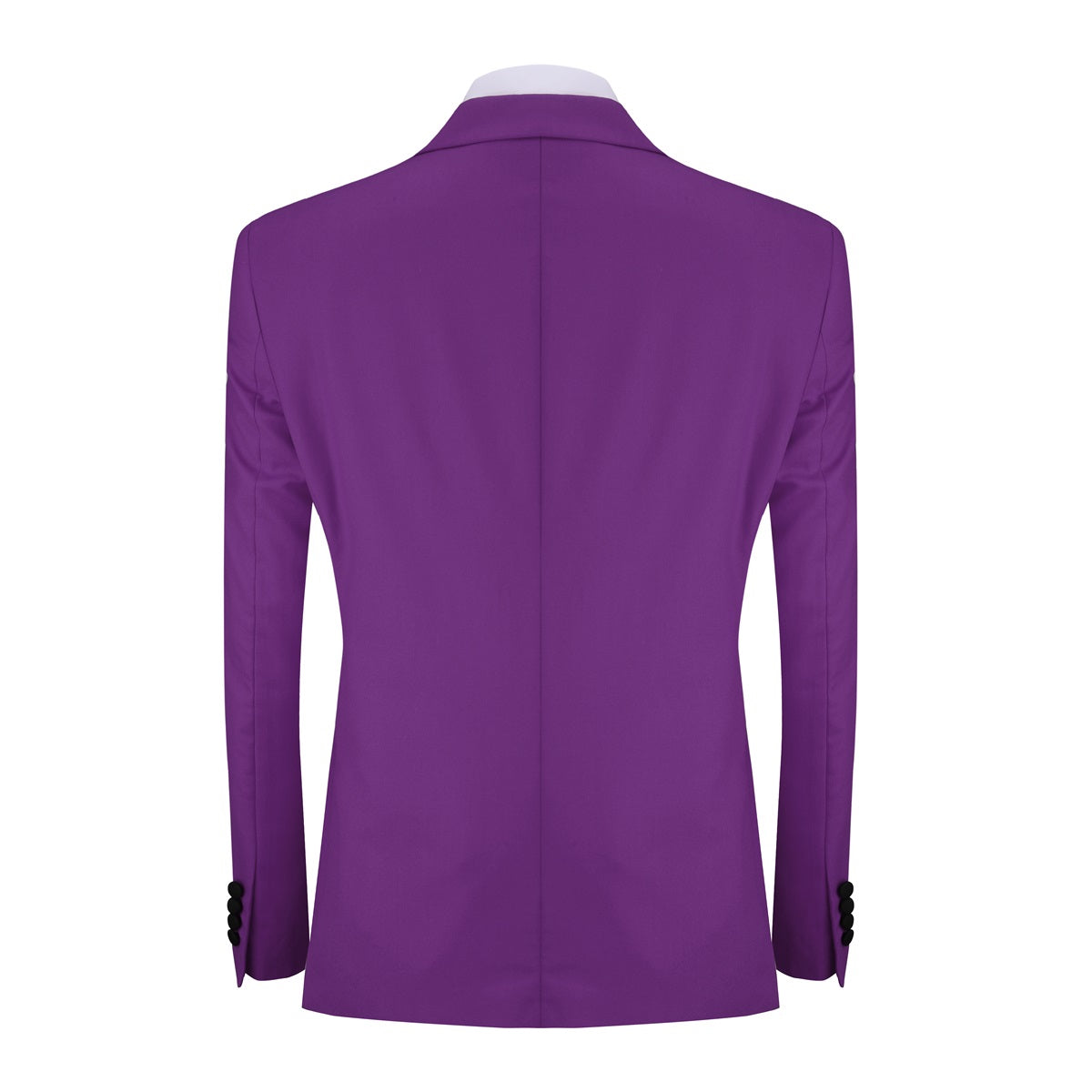 Purple # Men's slim fit 3-piece tuxedo suit with one-button peaked lapel and single-breasted closure, purple formal blazer jacket with matching vest and flat-front trousers with extended waist strap, elegant polyester viscose blend suit for wedding, prom, party and formal occasions, isolated on white background.