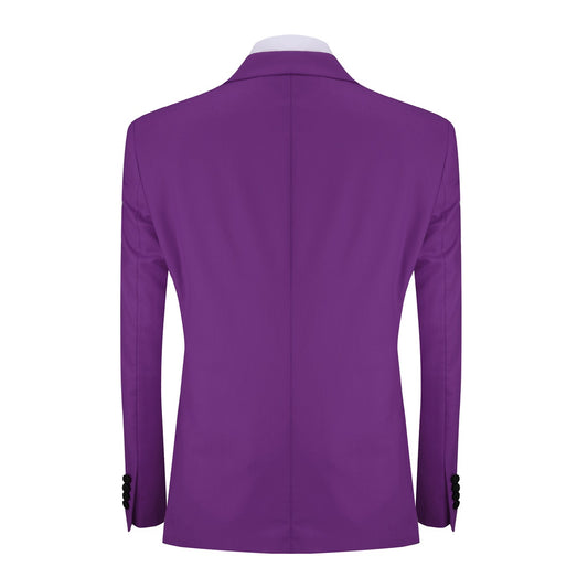 Purple # Men's slim fit 3-piece tuxedo suit with one-button peaked lapel and single-breasted closure, purple formal blazer jacket with matching vest and flat-front trousers with extended waist strap, elegant polyester viscose blend suit for wedding, prom, party and formal occasions, isolated on white background.