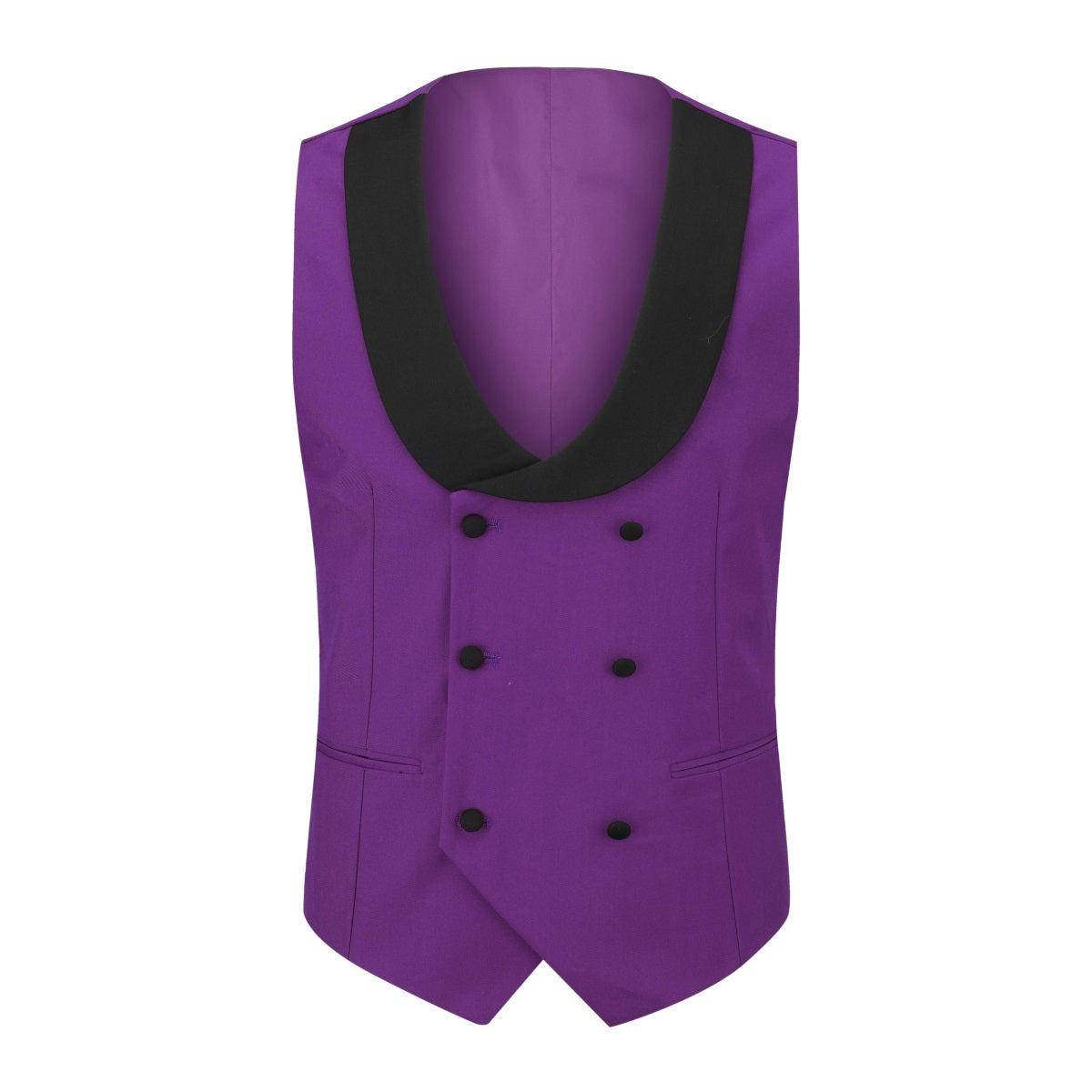 Purple # Men's slim fit 3-piece tuxedo suit with one-button peaked lapel and single-breasted closure, purple formal blazer jacket with matching vest and flat-front trousers with extended waist strap, elegant polyester viscose blend suit for wedding, prom, party and formal occasions, isolated on white background.