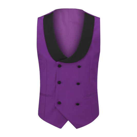 Purple # Men's slim fit 3-piece tuxedo suit with one-button peaked lapel and single-breasted closure, purple formal blazer jacket with matching vest and flat-front trousers with extended waist strap, elegant polyester viscose blend suit for wedding, prom, party and formal occasions, isolated on white background.