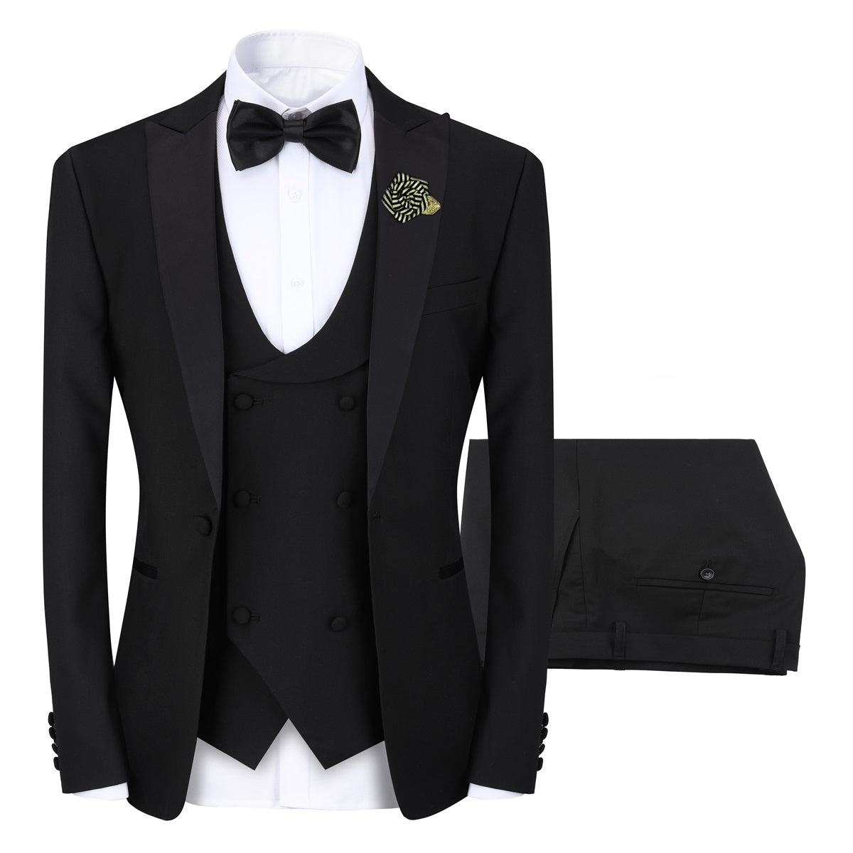 Black # Men's 3-piece tuxedo suit with one-button peaked lapel and slim fit single-breasted closure, black formal blazer jacket with matching vest and flat-front trousers with extended waist strap, elegant wedding tuxedo for prom, party, business and formal occasions, isolated on white background.