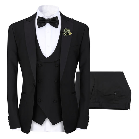 Black # Men's 3-piece tuxedo suit with one-button peaked lapel and slim fit single-breasted closure, black formal blazer jacket with matching vest and flat-front trousers with extended waist strap, elegant wedding tuxedo for prom, party, business and formal occasions, isolated on white background.