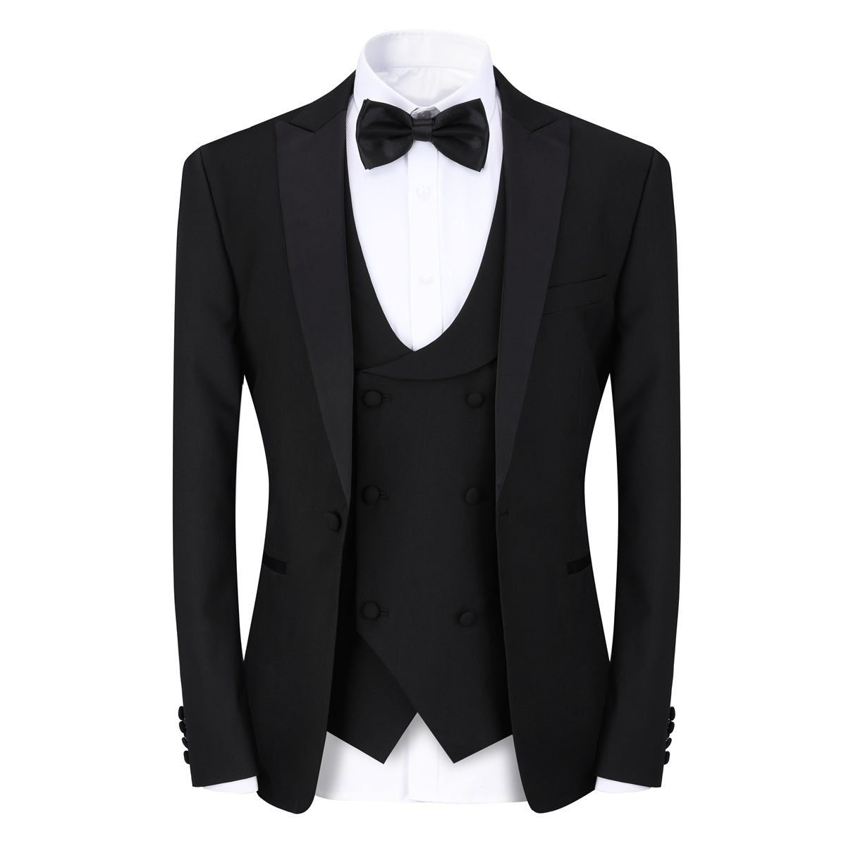 Black # Men's 3-piece tuxedo suit with one-button peaked lapel and slim fit single-breasted closure, black formal blazer jacket with matching vest and flat-front trousers with extended waist strap, elegant wedding tuxedo for prom, party, business and formal occasions, isolated on white background.