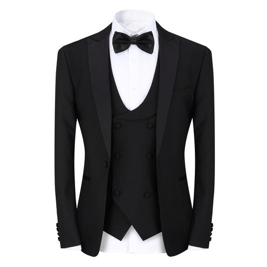 Black # Men's 3-piece tuxedo suit with one-button peaked lapel and slim fit single-breasted closure, black formal blazer jacket with matching vest and flat-front trousers with extended waist strap, elegant wedding tuxedo for prom, party, business and formal occasions, isolated on white background.