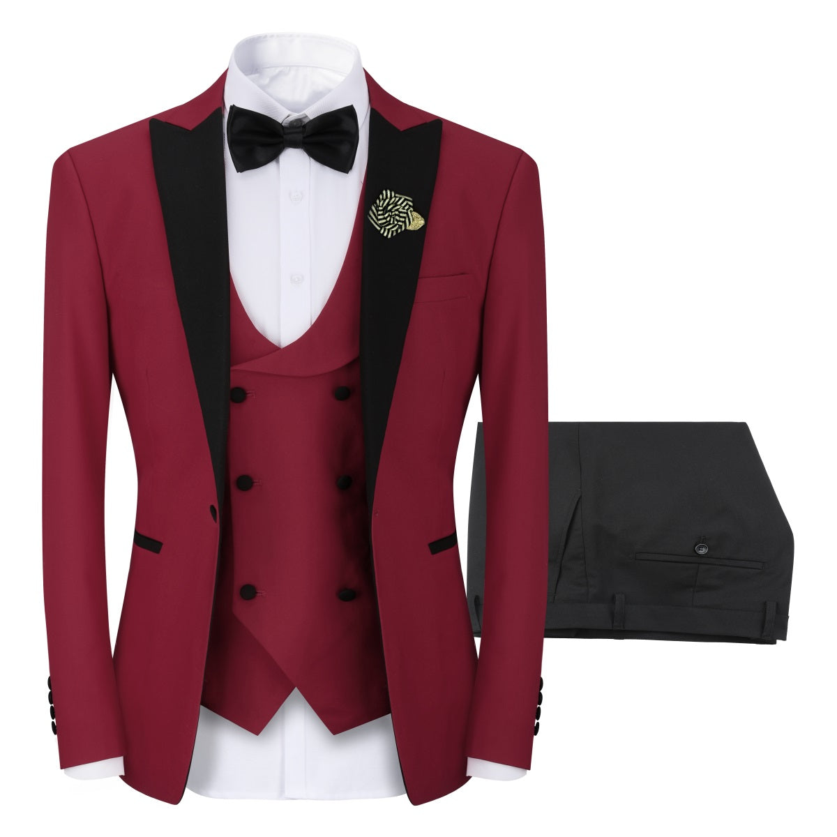 Wine Red # Men's 3-piece tuxedo suit with one-button slim fit and peaked lapel, wine red formal blazer jacket with matching vest and flat-front trousers with extended waist strap, classic elegant wedding suit for prom, party and special occasions, isolated on white background.