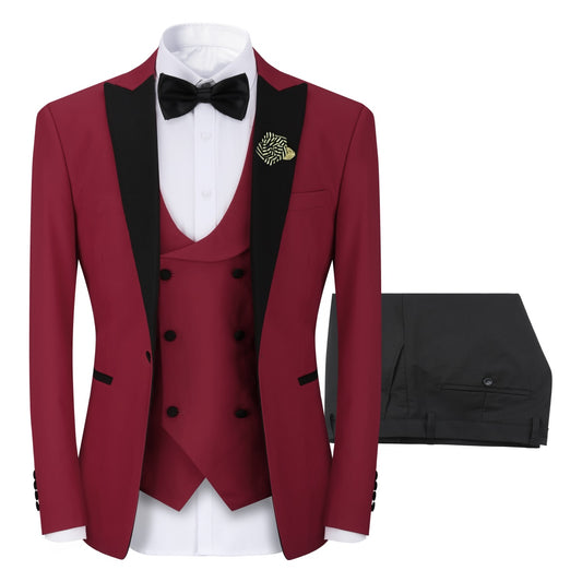 Wine Red # Men's 3-piece tuxedo suit with one-button slim fit and peaked lapel, wine red formal blazer jacket with matching vest and flat-front trousers with extended waist strap, classic elegant wedding suit for prom, party and special occasions, isolated on white background.