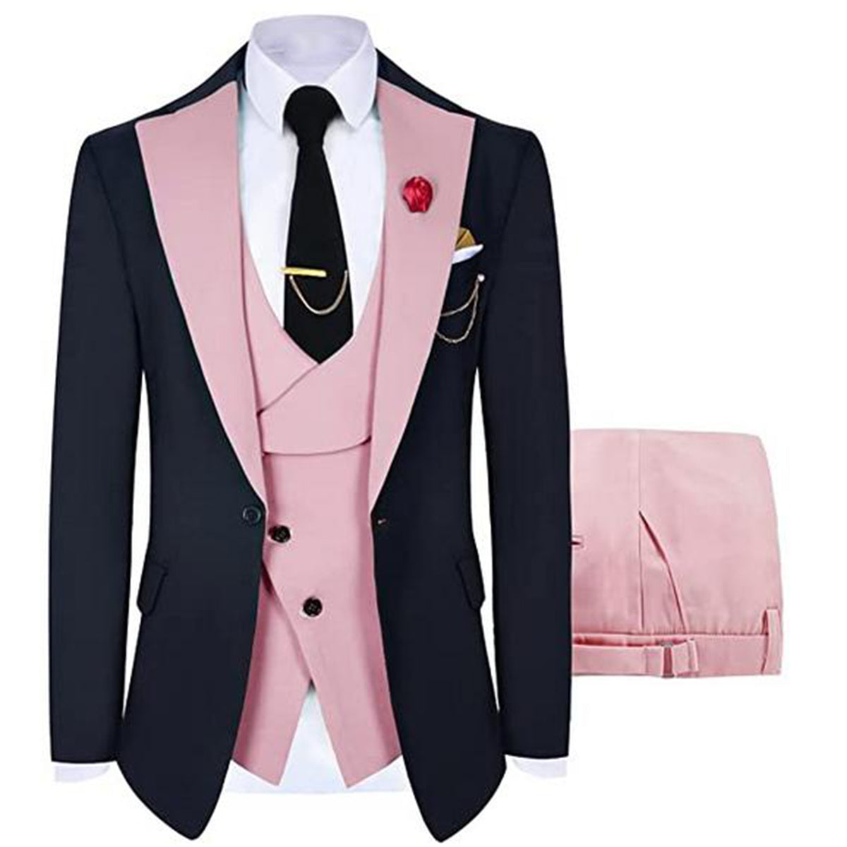 Pink # Men's 3-piece fashion one-button color-blocking suit with peaked lapel and slim fit, pink paneled formal blazer jacket with matching vest and flat-front trousers with extended waist strap, versatile polyester viscose blend suit for business, wedding, prom and daily wear, isolated on white background.