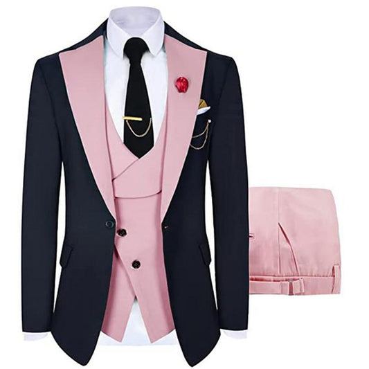 Pink # Men's 3-piece fashion one-button color-blocking suit with peaked lapel and slim fit, pink paneled formal blazer jacket with matching vest and flat-front trousers with extended waist strap, versatile polyester viscose blend suit for business, wedding, prom and daily wear, isolated on white background.