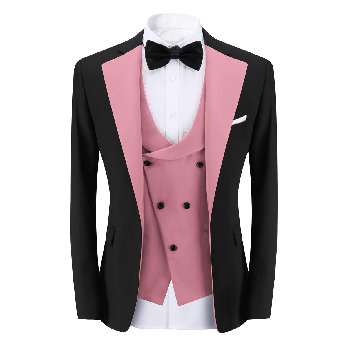 Pink # Men's 3-piece fashion one-button color-blocking suit with peaked lapel and slim fit, pink paneled formal blazer jacket with matching vest and flat-front trousers with extended waist strap, versatile polyester viscose blend suit for business, wedding, prom and daily wear, isolated on white background.