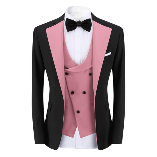 Pink # Men's 3-piece fashion one-button color-blocking suit with peaked lapel and slim fit, pink paneled formal blazer jacket with matching vest and flat-front trousers with extended waist strap, versatile polyester viscose blend suit for business, wedding, prom and daily wear, isolated on white background.