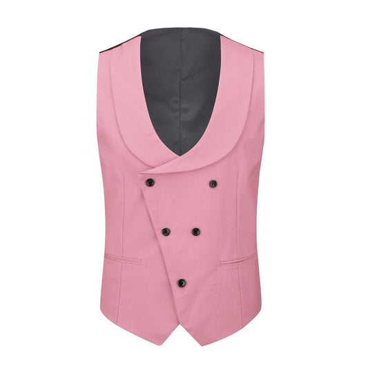 Pink # Men's 3-piece fashion one-button color-blocking suit with peaked lapel and slim fit, pink paneled formal blazer jacket with matching vest and flat-front trousers with extended waist strap, versatile polyester viscose blend suit for business, wedding, prom and daily wear, isolated on white background.