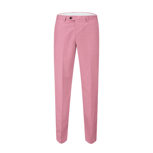 Pink # Men's 3-piece fashion one-button color-blocking suit with peaked lapel and slim fit, pink paneled formal blazer jacket with matching vest and flat-front trousers with extended waist strap, versatile polyester viscose blend suit for business, wedding, prom and daily wear, isolated on white background.