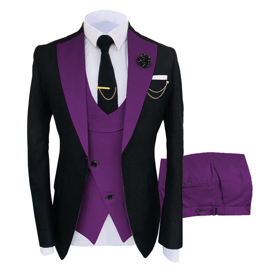 Purple # Men's 3-piece fashion one-button color-blocking suit with peaked lapel and slim fit, purple paneled formal blazer jacket with matching vest and flat-front trousers with extended waist strap, versatile polyester viscose blend suit for business, wedding, prom and daily wear, isolated on white background.