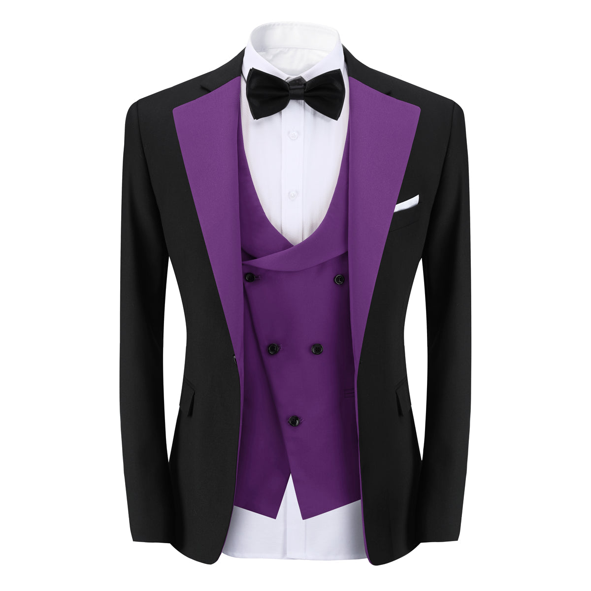 Purple # Men's 3-piece fashion one-button color-blocking suit with peaked lapel and slim fit, purple paneled formal blazer jacket with matching vest and flat-front trousers with extended waist strap, versatile polyester viscose blend suit for business, wedding, prom and daily wear, isolated on white background.