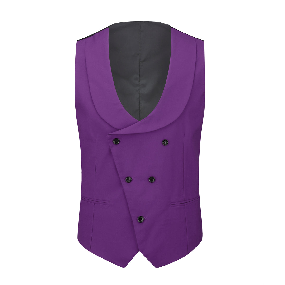 Purple # Men's 3-piece fashion one-button color-blocking suit with peaked lapel and slim fit, purple paneled formal blazer jacket with matching vest and flat-front trousers with extended waist strap, versatile polyester viscose blend suit for business, wedding, prom and daily wear, isolated on white background.