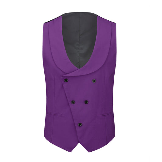 Purple # Men's 3-piece fashion one-button color-blocking suit with peaked lapel and slim fit, purple paneled formal blazer jacket with matching vest and flat-front trousers with extended waist strap, versatile polyester viscose blend suit for business, wedding, prom and daily wear, isolated on white background.