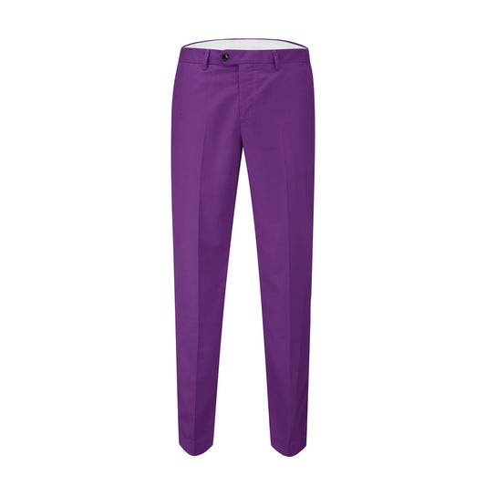 Purple # Men's 3-piece fashion one-button color-blocking suit with peaked lapel and slim fit, purple paneled formal blazer jacket with matching vest and flat-front trousers with extended waist strap, versatile polyester viscose blend suit for business, wedding, prom and daily wear, isolated on white background.