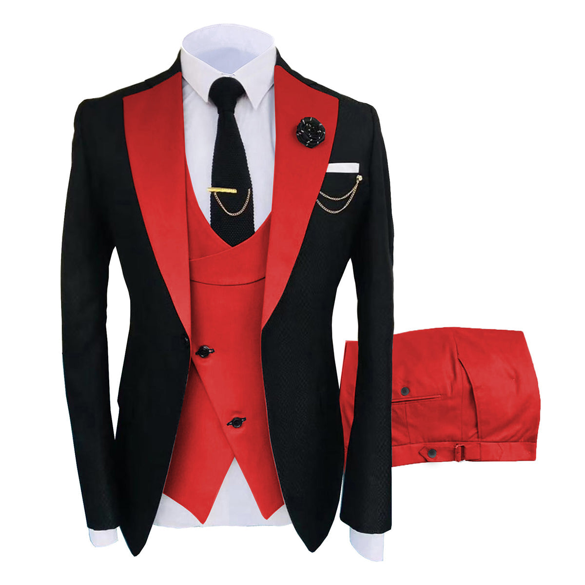 Red # Men's 3-piece fashion one-button color-blocking suit with peaked lapel and slim fit, red paneled formal blazer jacket with matching vest and flat-front trousers with extended waist strap, versatile polyester viscose blend suit for business, wedding, prom and daily wear, isolated on white background.