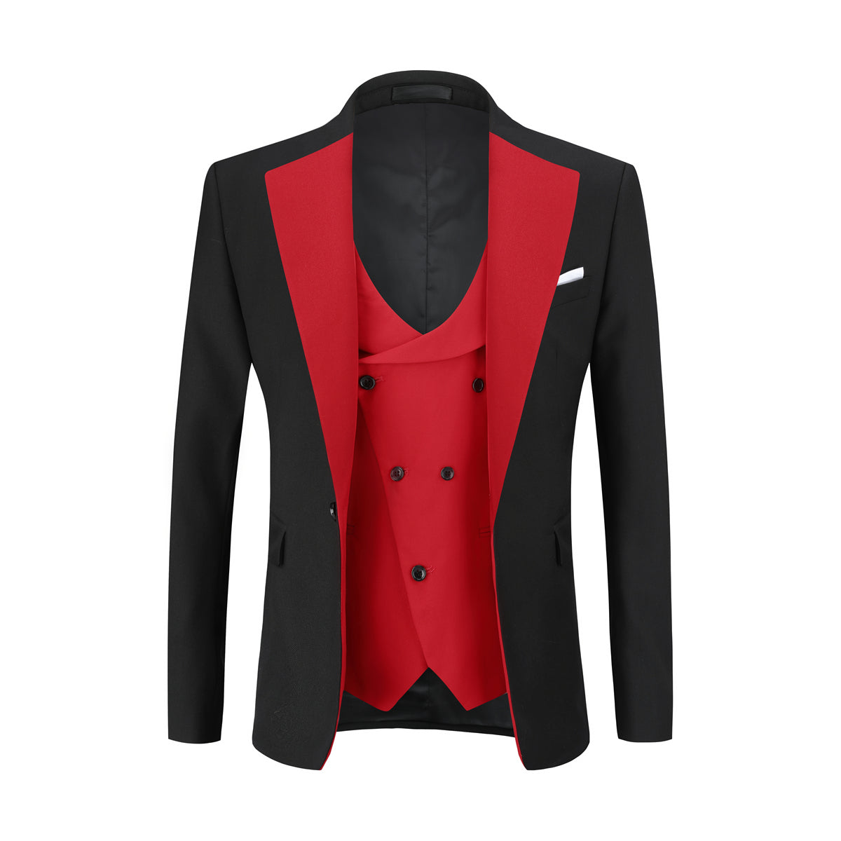 Red # Men's 3-piece fashion one-button color-blocking suit with peaked lapel and slim fit, red paneled formal blazer jacket with matching vest and flat-front trousers with extended waist strap, versatile polyester viscose blend suit for business, wedding, prom and daily wear, isolated on white background.