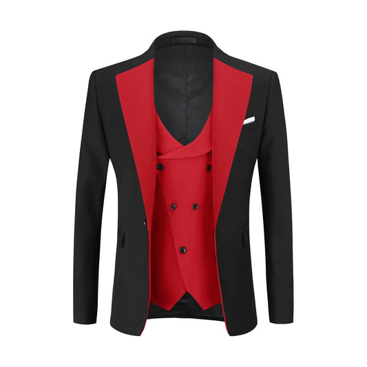 Red # Men's 3-piece fashion one-button color-blocking suit with peaked lapel and slim fit, red paneled formal blazer jacket with matching vest and flat-front trousers with extended waist strap, versatile polyester viscose blend suit for business, wedding, prom and daily wear, isolated on white background.