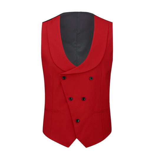 Red # Men's 3-piece fashion one-button color-blocking suit with peaked lapel and slim fit, red paneled formal blazer jacket with matching vest and flat-front trousers with extended waist strap, versatile polyester viscose blend suit for business, wedding, prom and daily wear, isolated on white background.