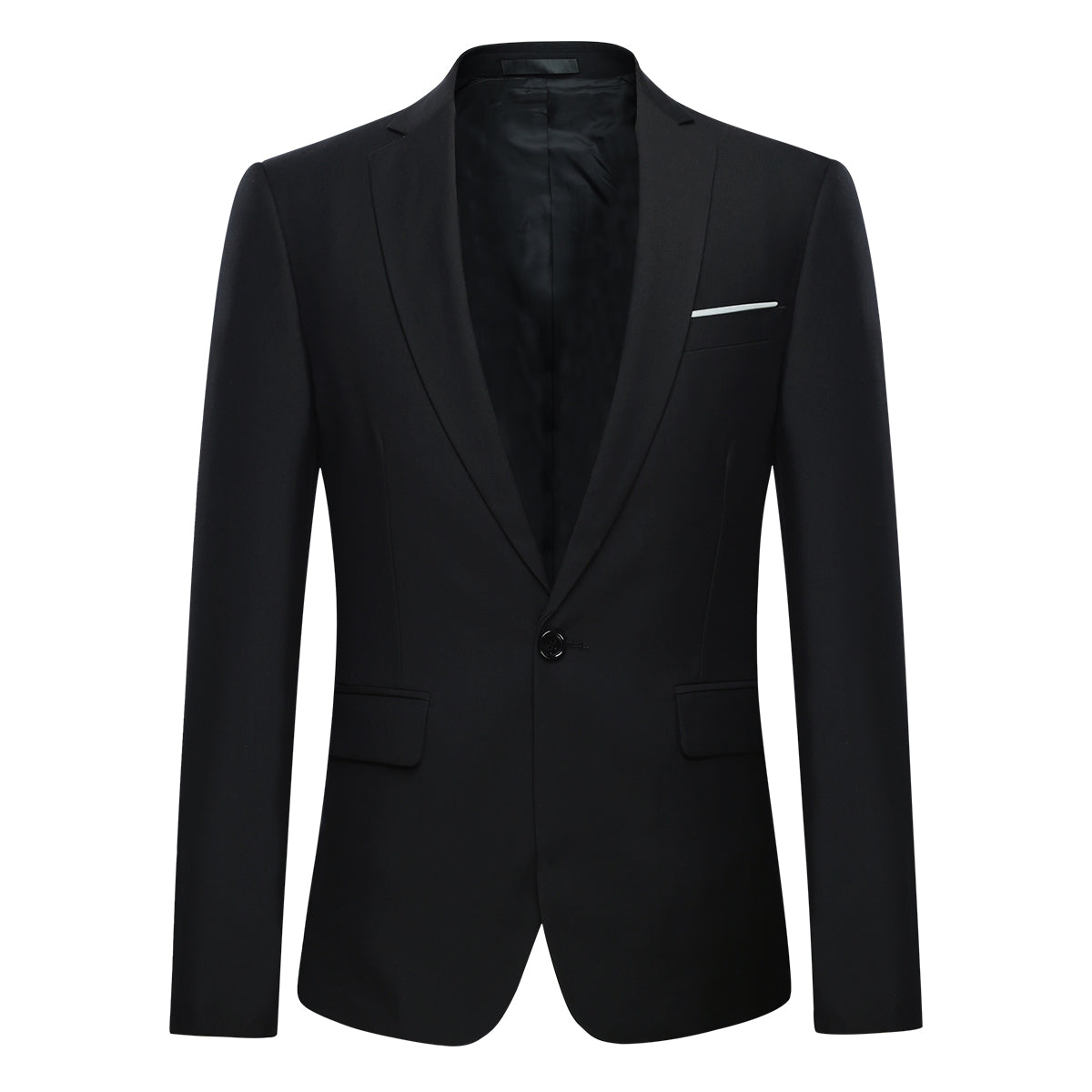 Black # Men's one-button casual blazer with flat collar and single-breasted closure, stylish black sport coat jacket with premium polyester viscose blend fabric and environmental protection buttons for business, office, wedding and daily wear, isolated on white background.