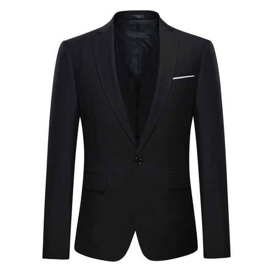 Black # Men's one-button casual blazer with flat collar and single-breasted closure, stylish black sport coat jacket with premium polyester viscose blend fabric and environmental protection buttons for business, office, wedding and daily wear, isolated on white background.