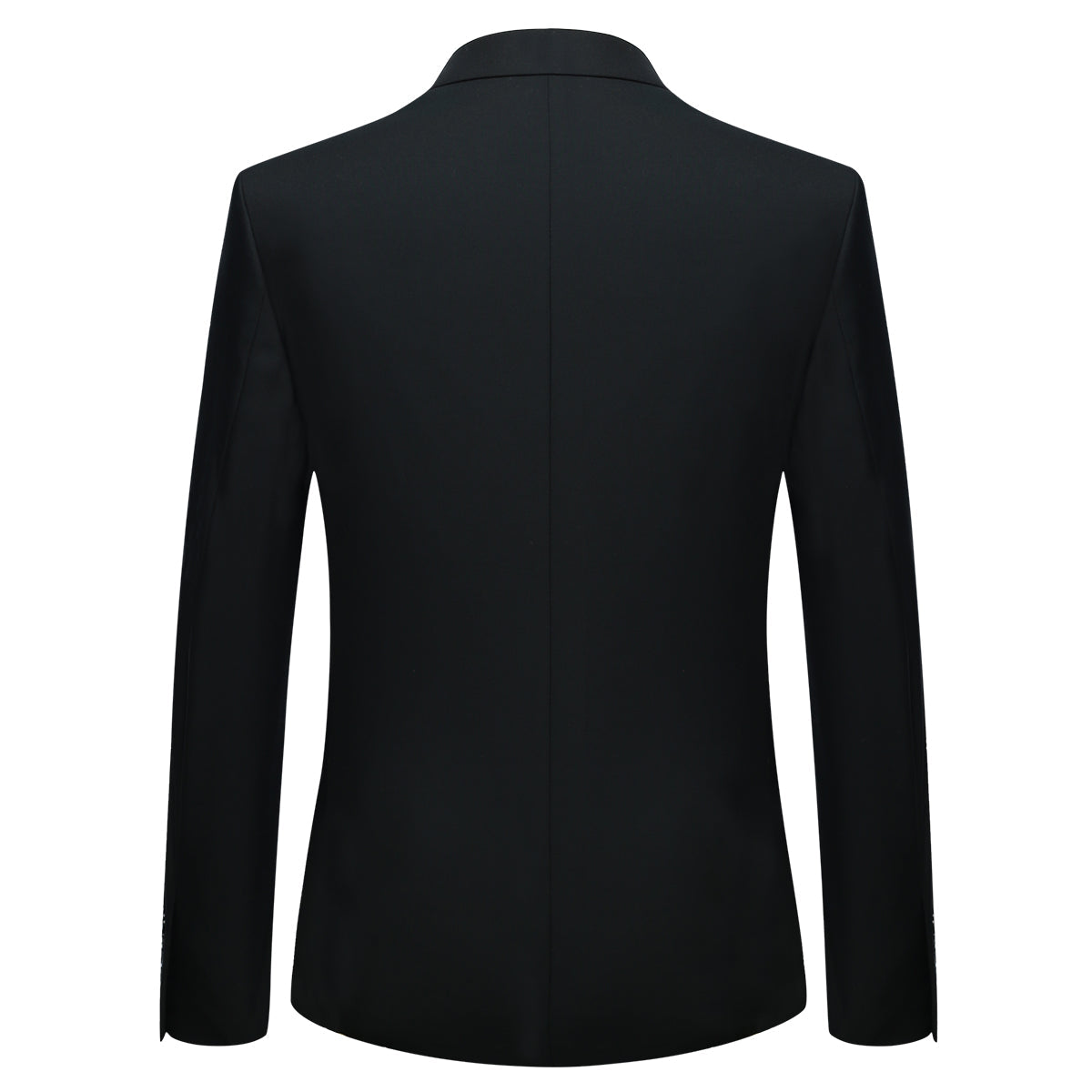 Black # Men's one-button casual blazer with flat collar and single-breasted closure, stylish black sport coat jacket with premium polyester viscose blend fabric and environmental protection buttons for business, office, wedding and daily wear, isolated on white background.