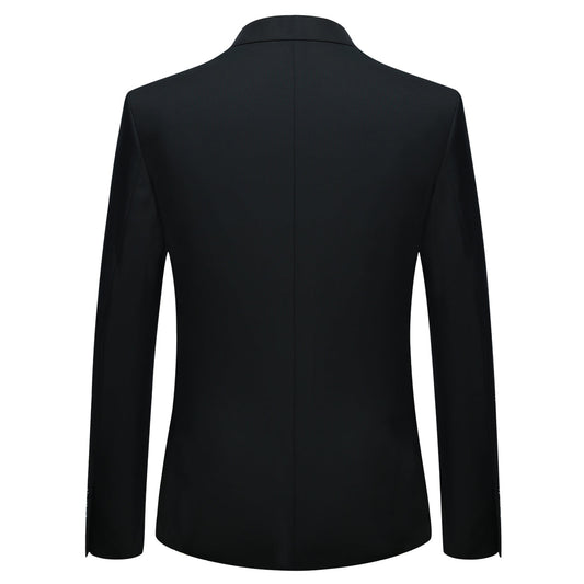 Black # Men's one-button casual blazer with flat collar and single-breasted closure, stylish black sport coat jacket with premium polyester viscose blend fabric and environmental protection buttons for business, office, wedding and daily wear, isolated on white background.