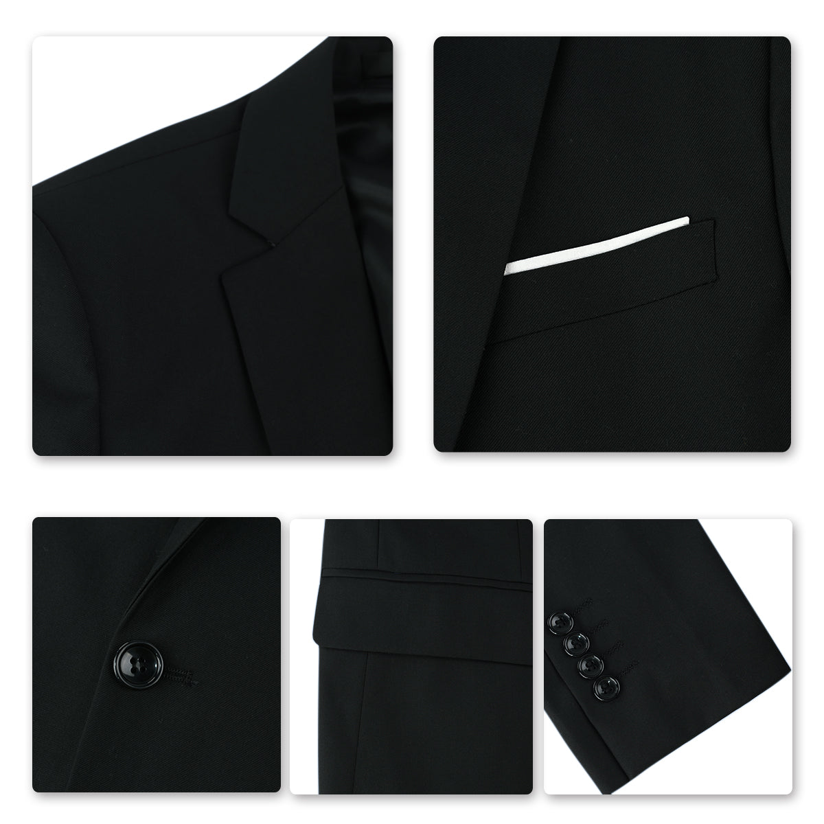 Black # Men's one-button casual blazer with flat collar and single-breasted closure, stylish black sport coat jacket with premium polyester viscose blend fabric and environmental protection buttons for business, office, wedding and daily wear, isolated on white background.